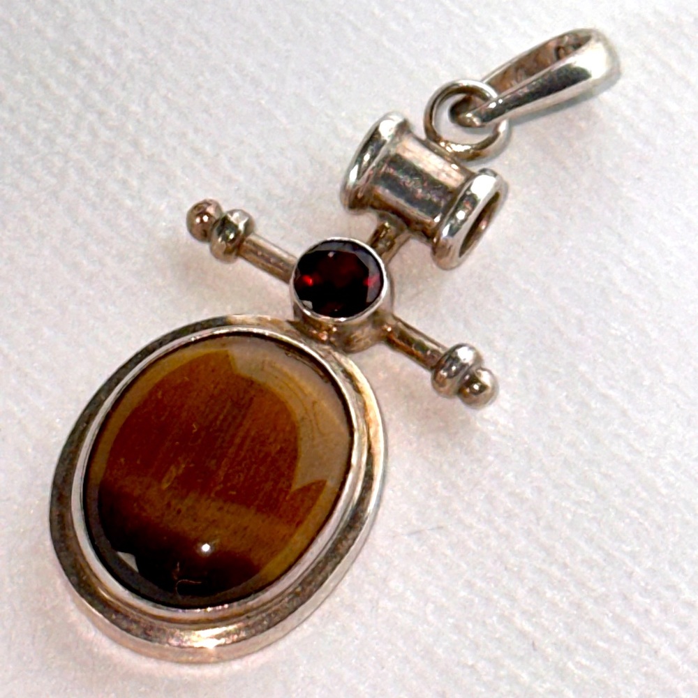 Tigers Eye and Garnet Sterling Silver Pendant